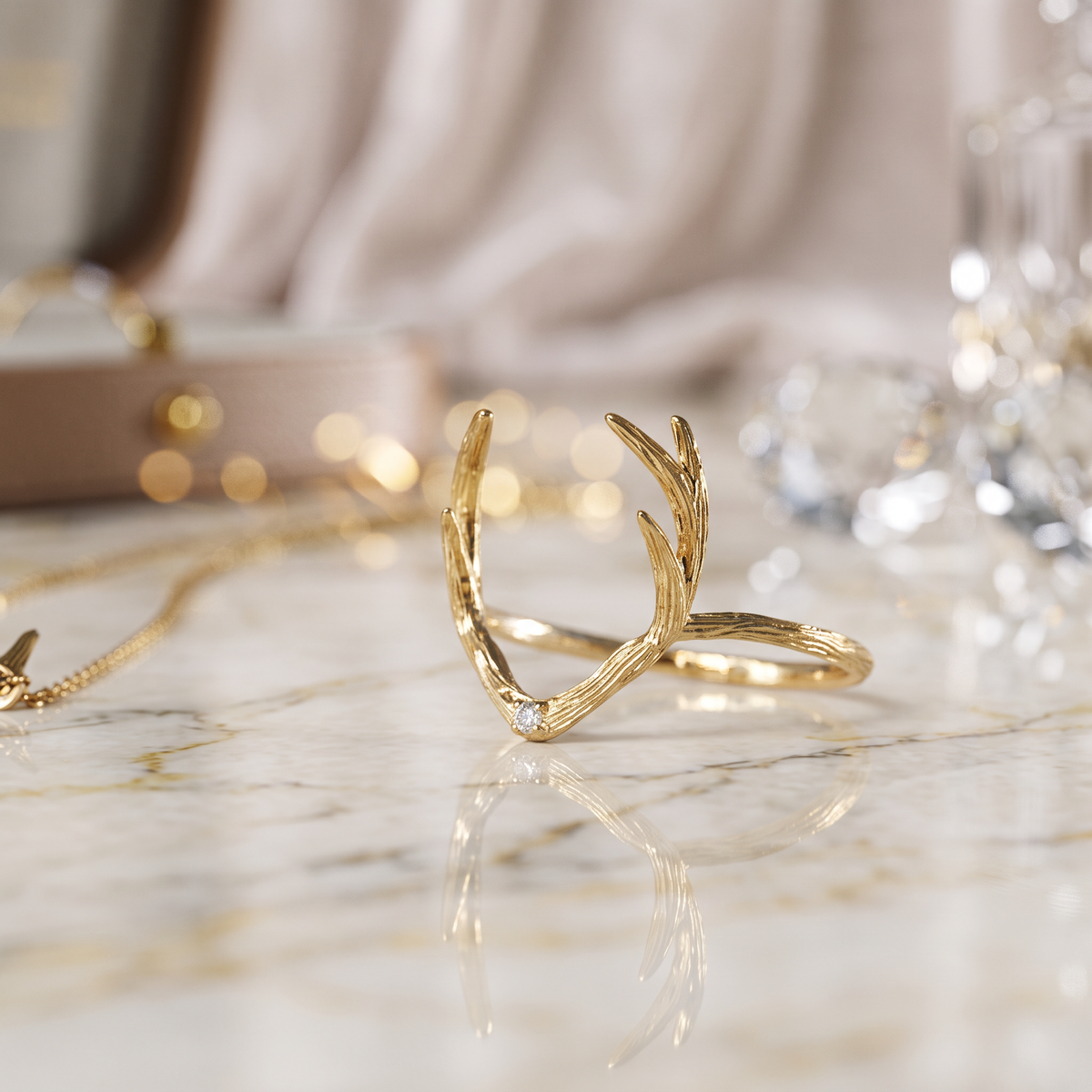 18K Gold Diamond Reindeer Deer Antlers Necklace and Ring Holiday Christmas Gift