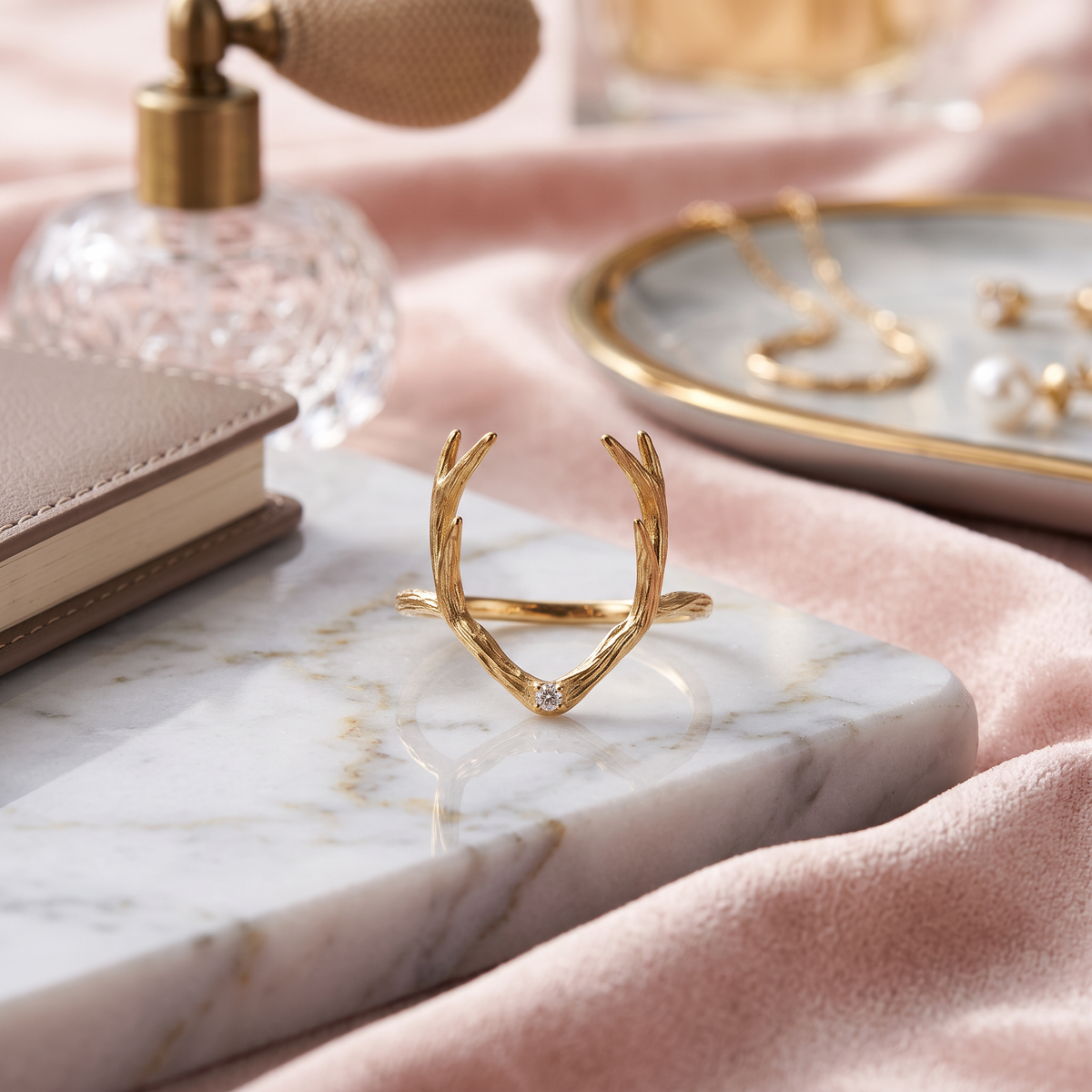 18K Gold Diamond Reindeer Deer Antlers Necklace and Ring Holiday Christmas Gift