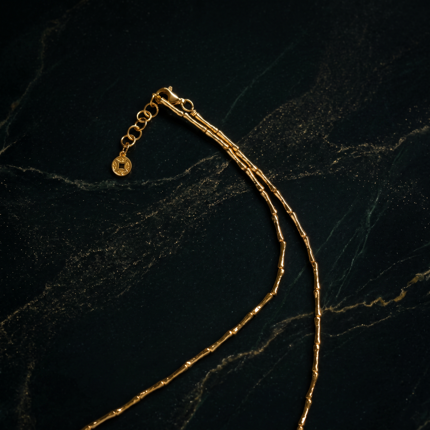 24K Pure 999 Gold Hammered Bamboo-Link Green Jade Fortune Pendant Necklace and Bracelet