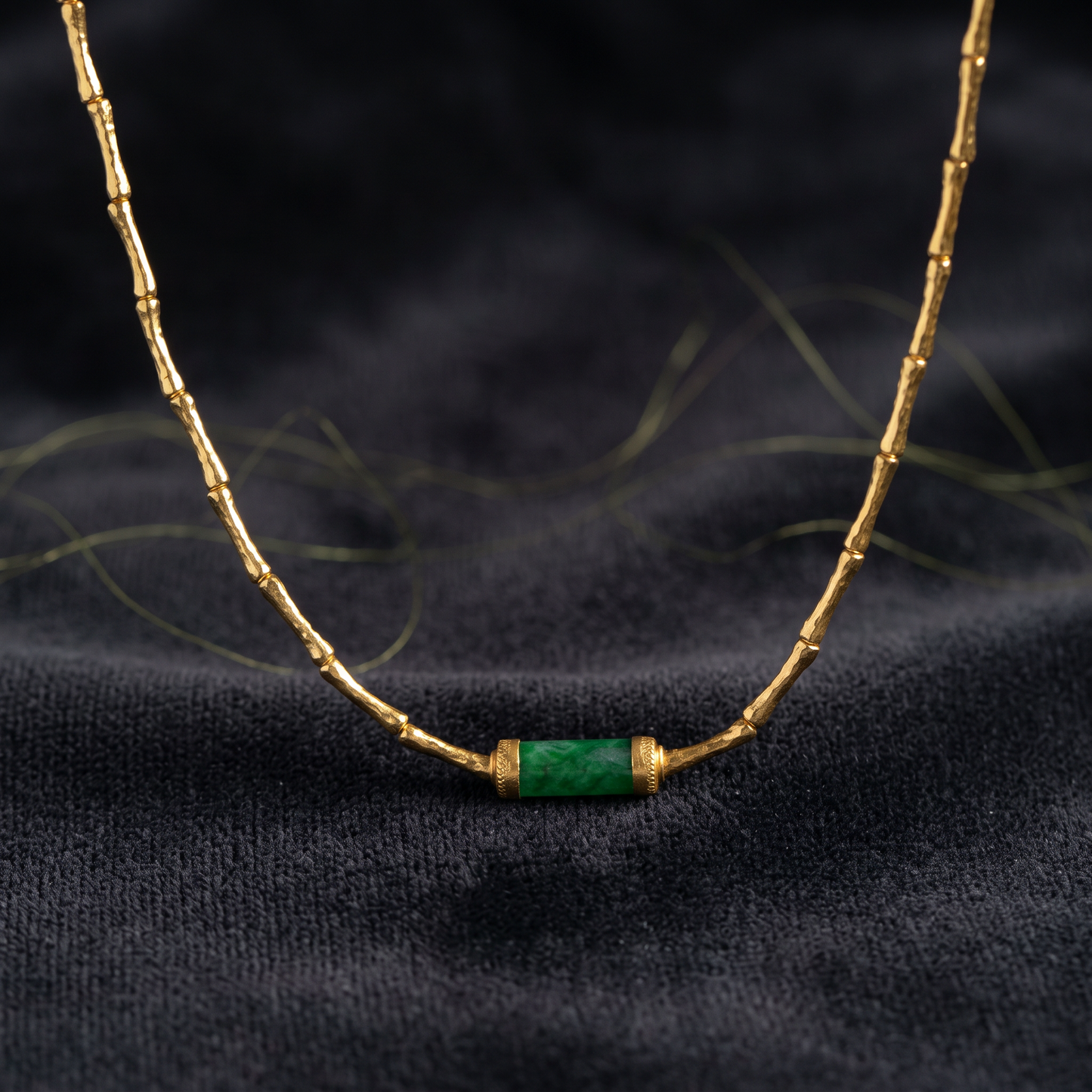 24K Pure 999 Gold Hammered Bamboo-Link Green Jade Fortune Pendant Necklace and Bracelet