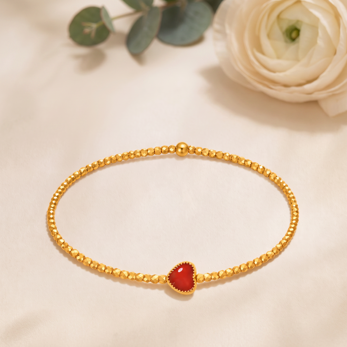 24K Gold Beads Minimal Heart Charm Bracelet