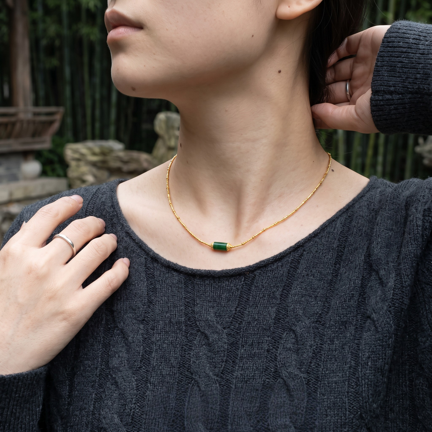 24K Pure 999 Gold Hammered Bamboo-Link Green Jade Fortune Pendant Necklace and Bracelet