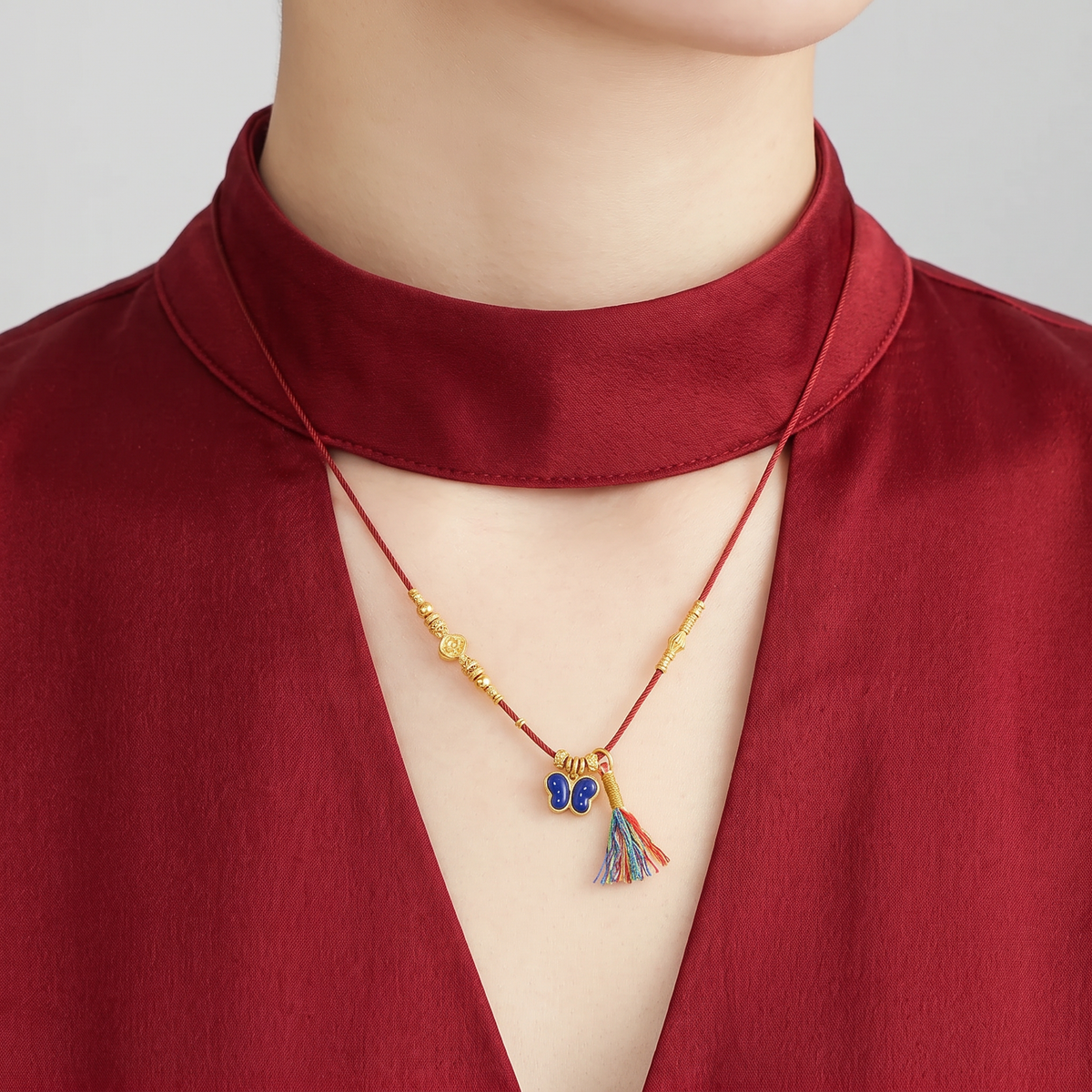 24K Butterfly Pendant Enamel Tassel Cord Necklace