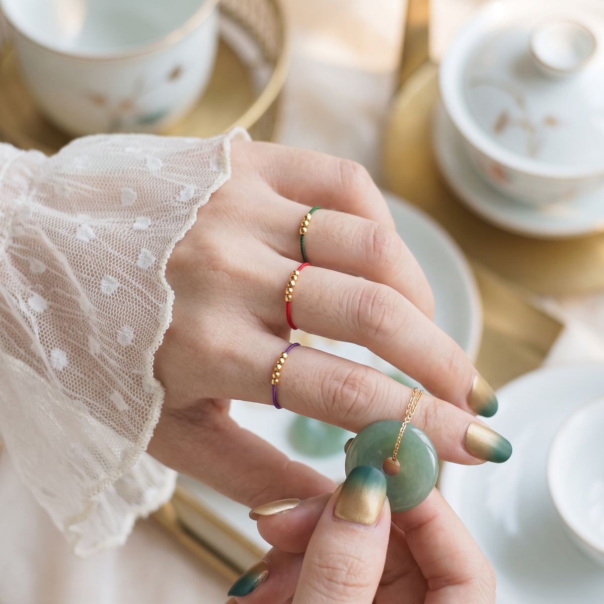 24k 999 Lucky Gold Beads Unisex Couple Friendship Handwoven Adjustable Cord Ring