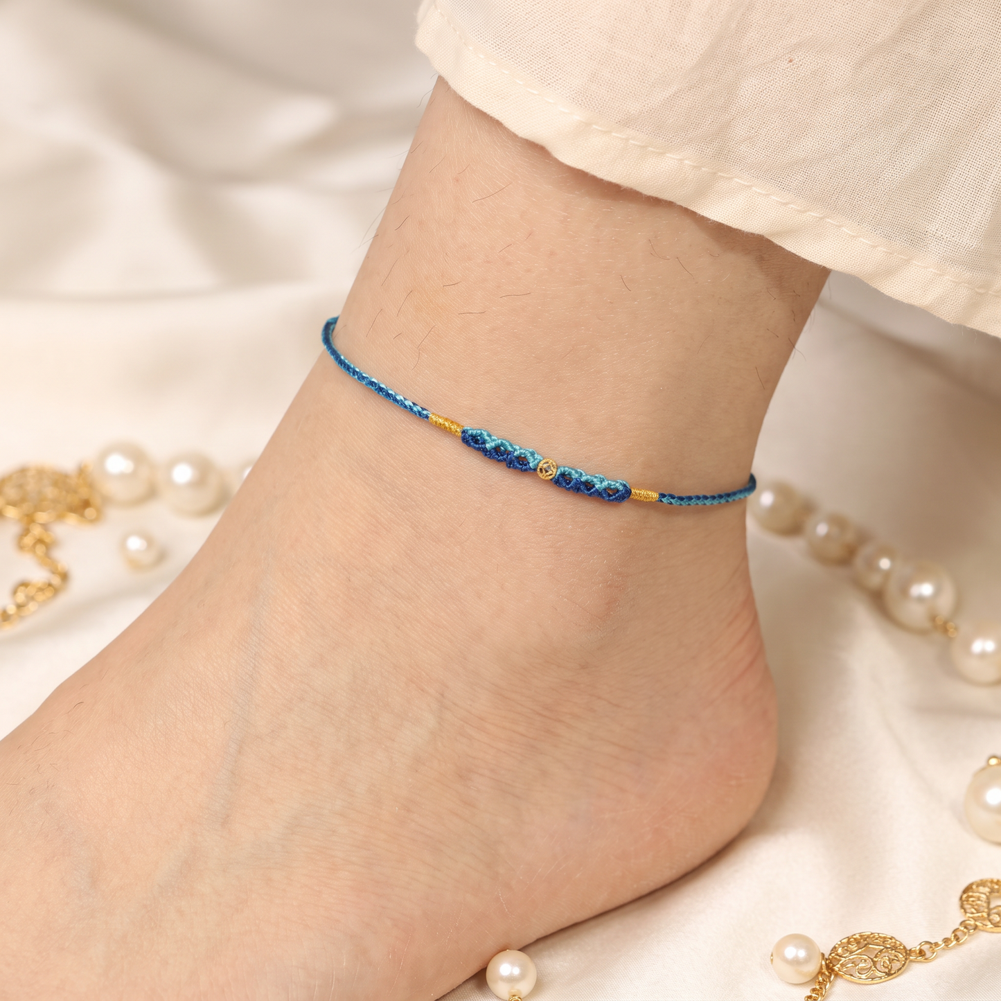 24K 999 Fine Gold Mini Coin Beads String Braided Rope Anklet