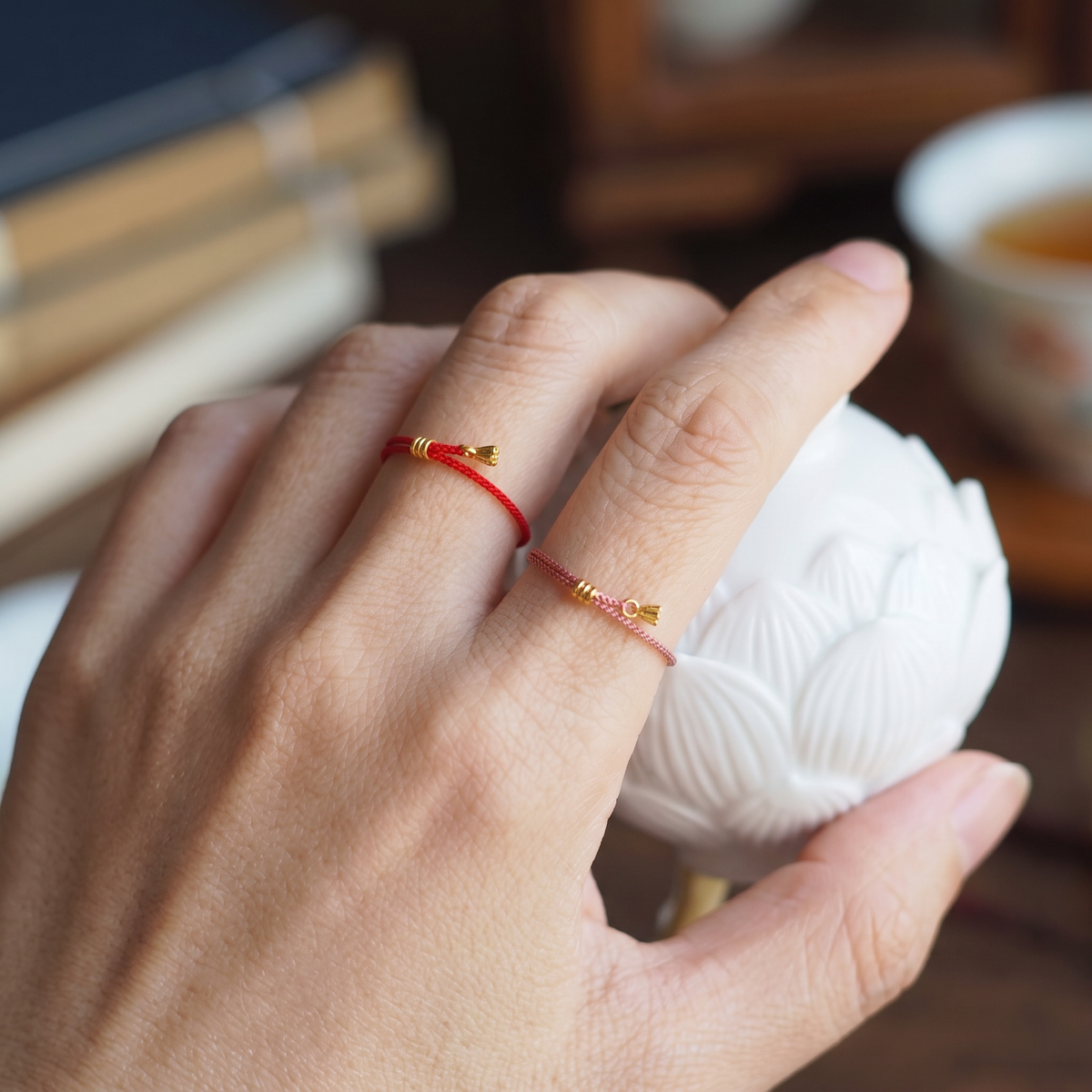 24K 999 Gold Lotus Seed Pod Charm Minimal Cord Ring