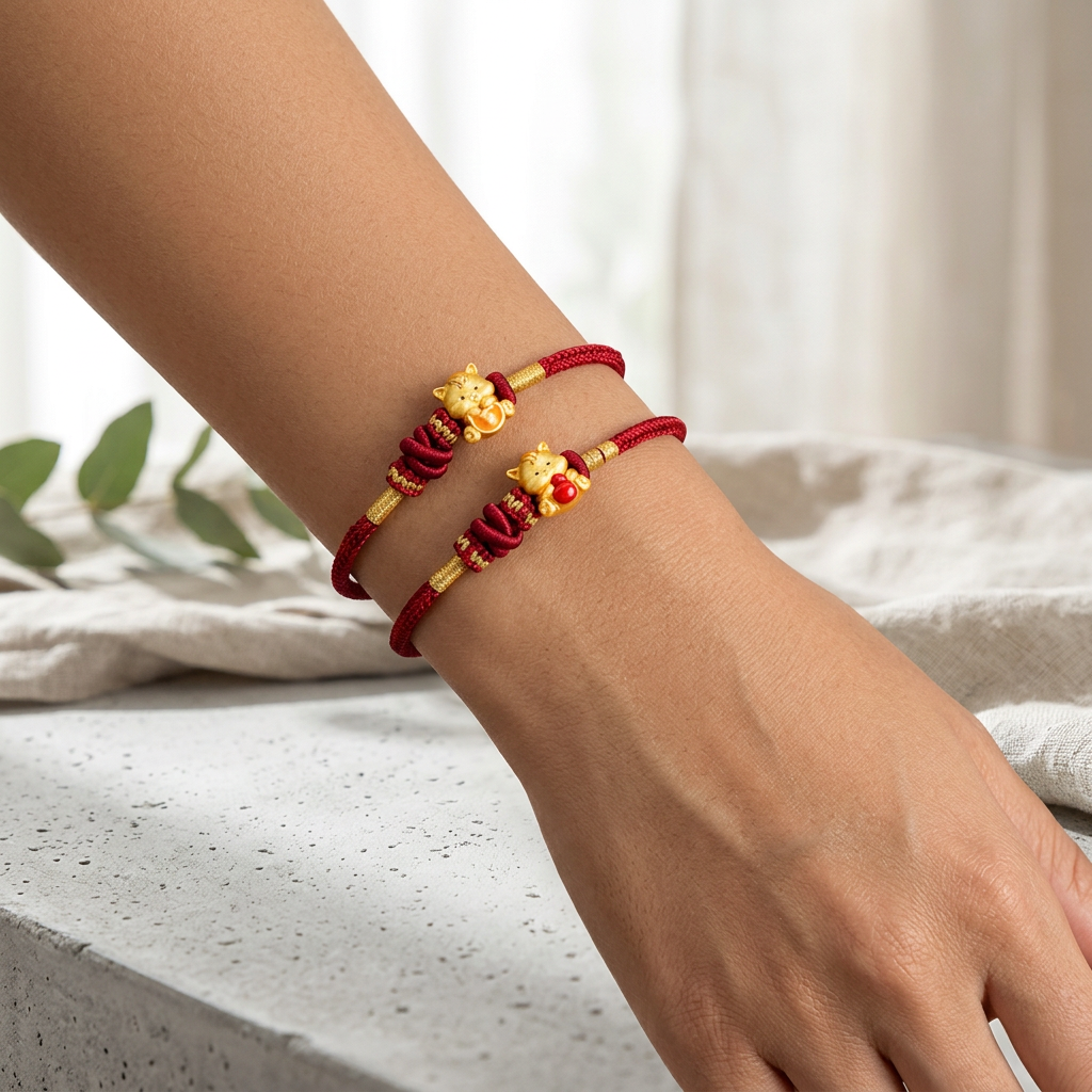 24K Gold Beads Zodiac Horse Charm with Braided Bracelet