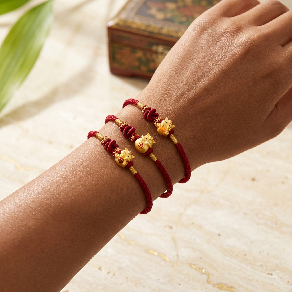 24K Gold Beads Zodiac Horse Charm with Braided Bracelet