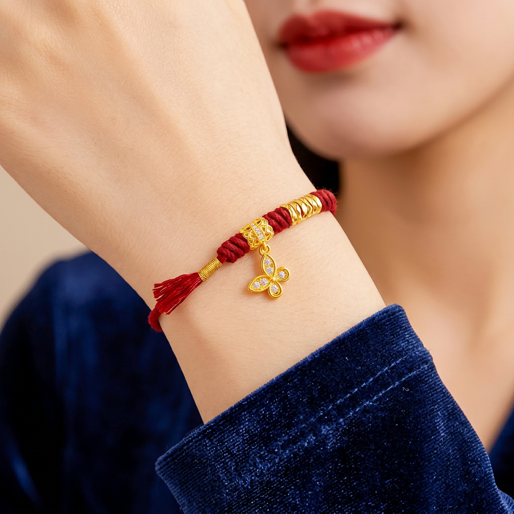 24k 999 Fine Gold Butterfly Charm Braided Bracelet