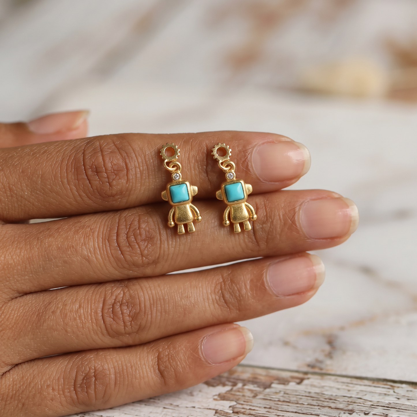 24K Pure 999 Gold Mini Solid Turquoise Robot D.I.Y Charm