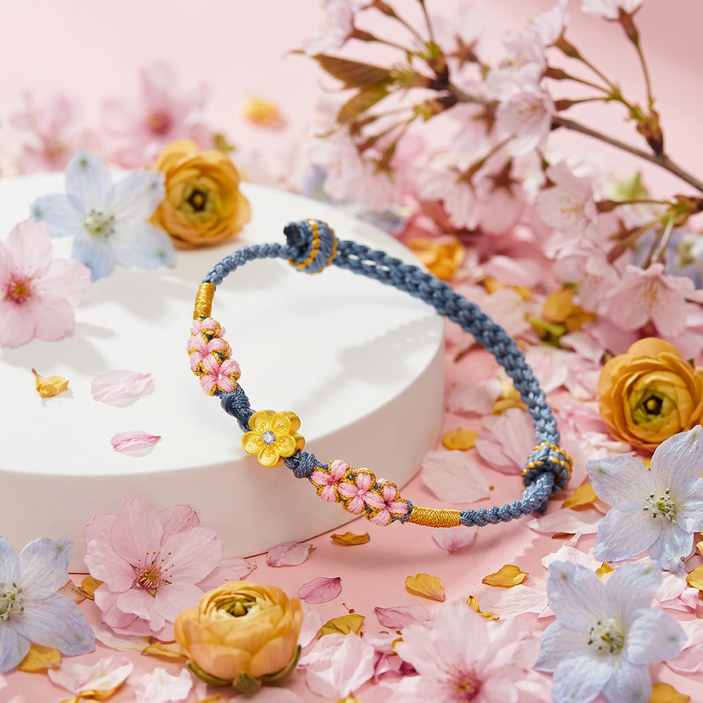 24K 999 5D Hard Gold Cherry Blossom Flower Charm Weaving Bracelet