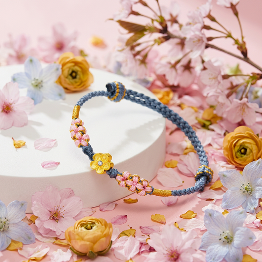 24K 999 5D Hard Gold Cherry Blossom Flower Charm Weaving Bracelet