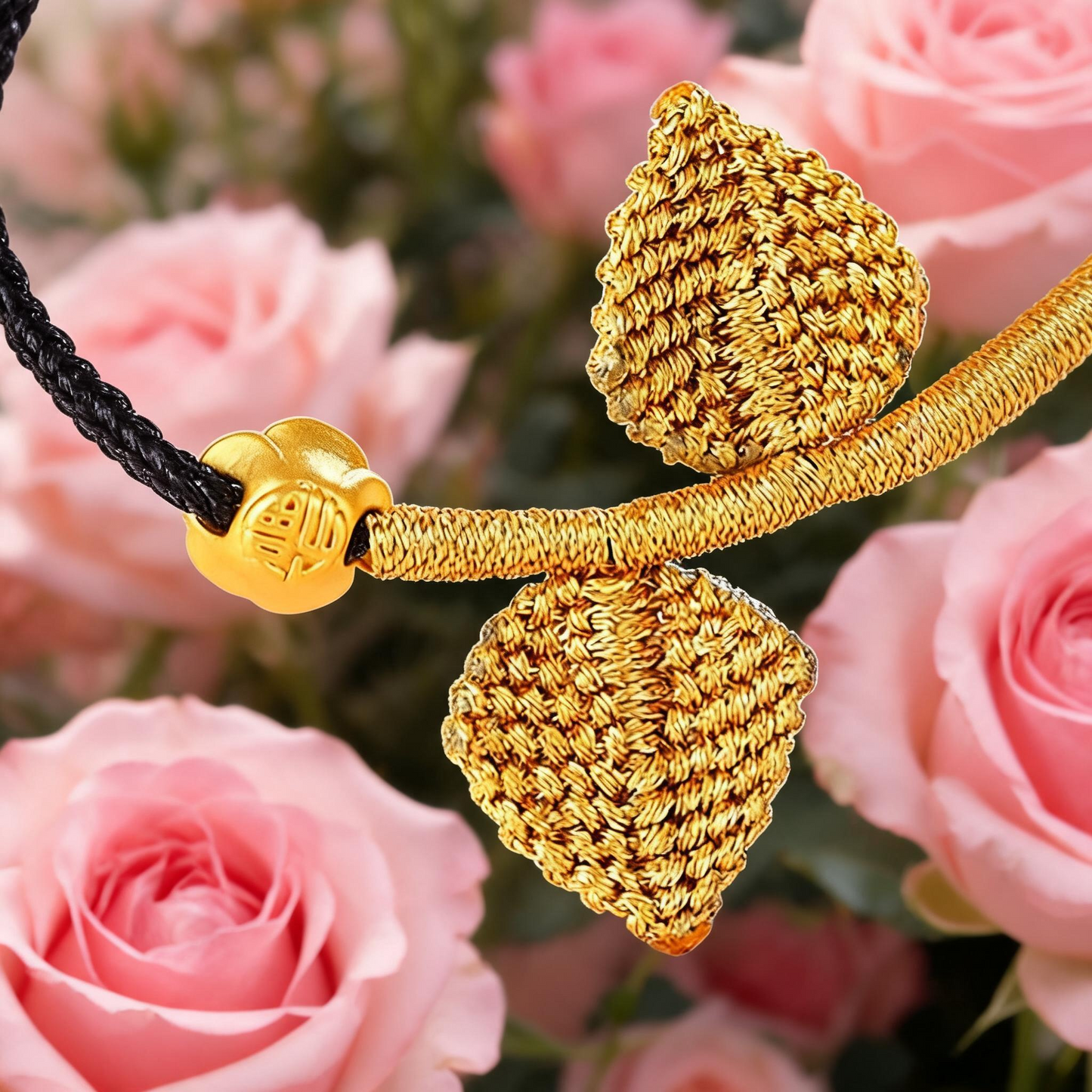 24K 999 Gold Flower Rose Charm Blessing Fu Braided Leaf Necklace