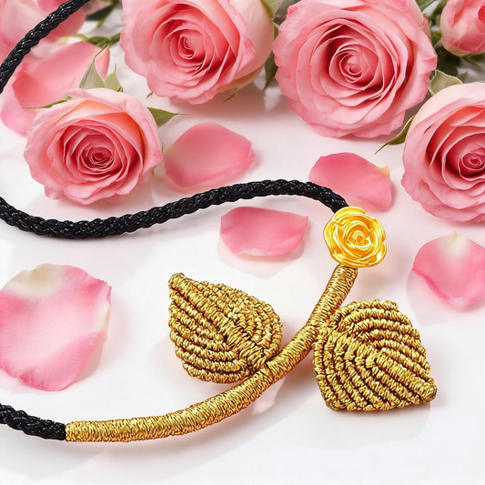 24K 999 Gold Flower Rose Charm Blessing Fu Braided Leaf Necklace