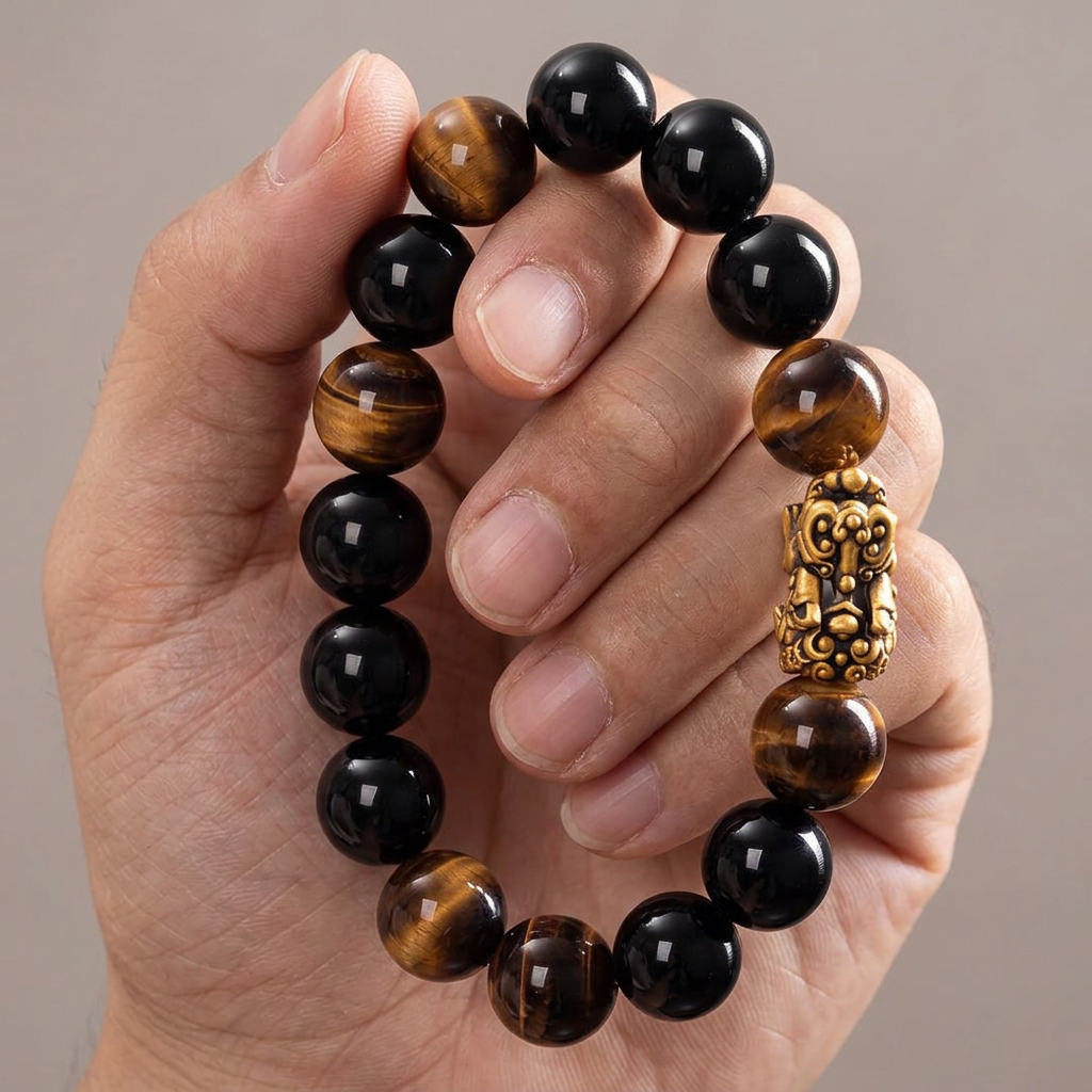 24K Gold Wealth Pixiu Charm with Tiger Eye Stone Beads Unisex Bracelet