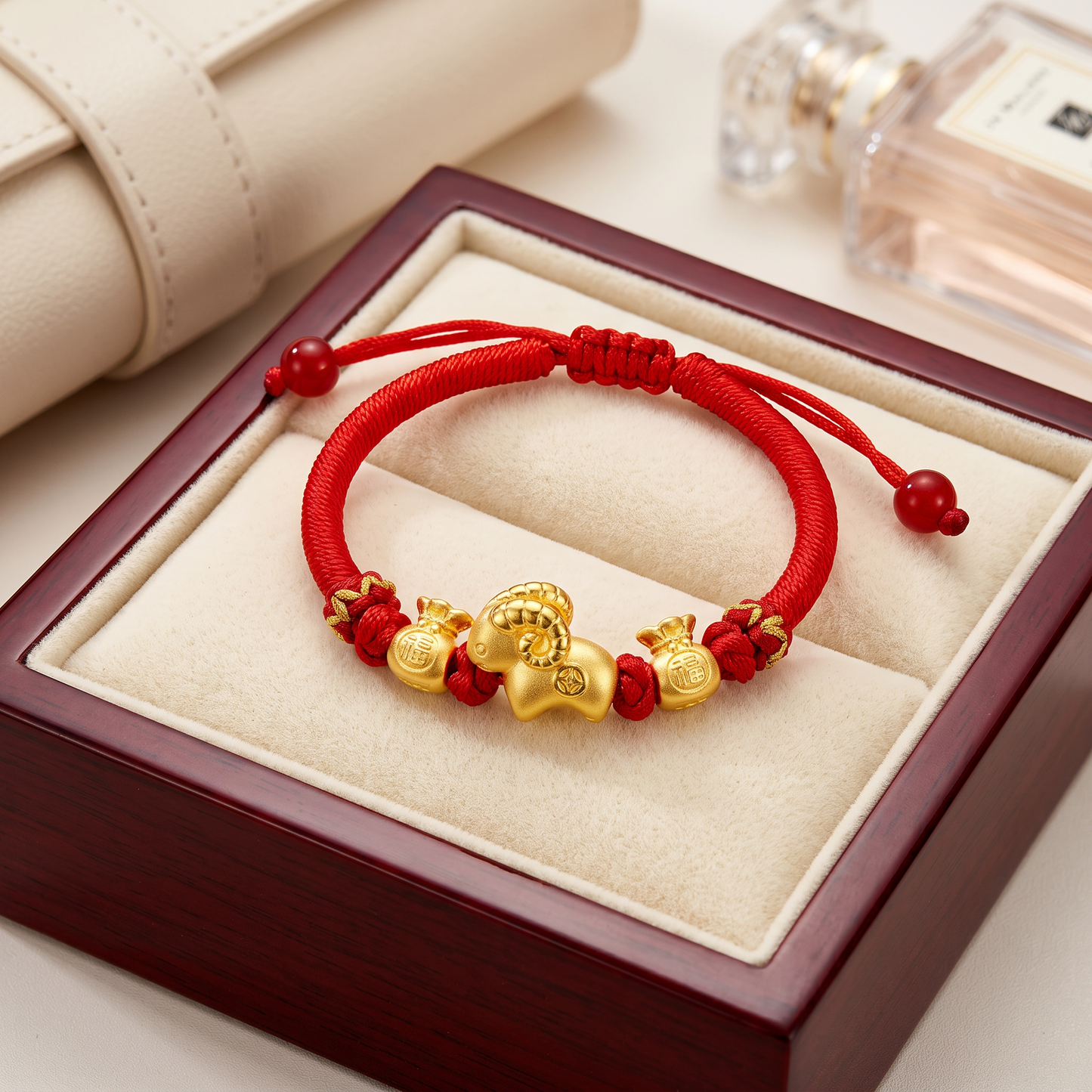 24K 999 Gold Charm Chinese 2027 Year of Goat Rope Adjustable Bracelet