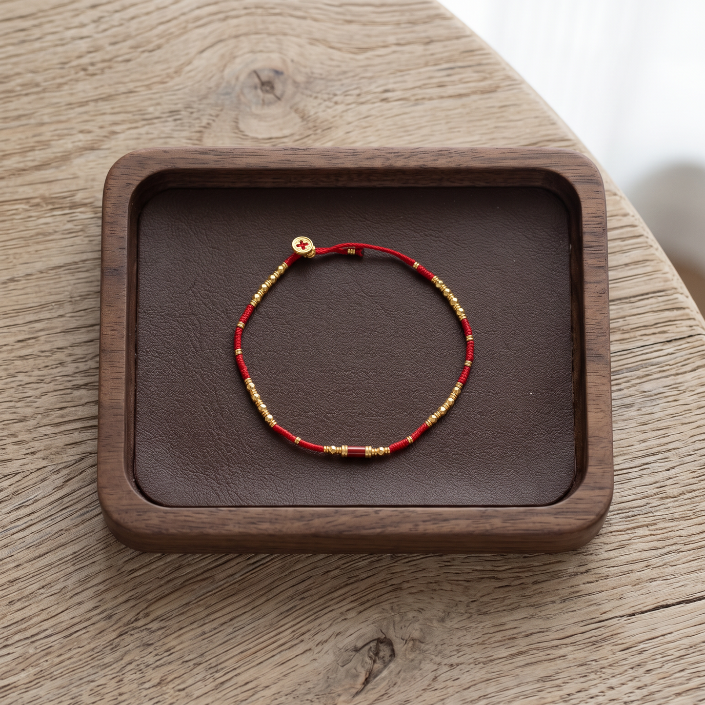 24K 999 Fine Gold Beads Enamel Red Cord Bracelet