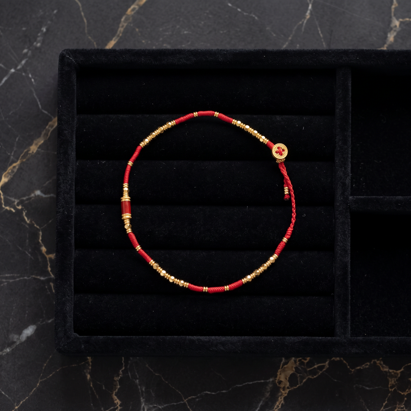 24K 999 Fine Gold Beads Enamel Red Cord Bracelet