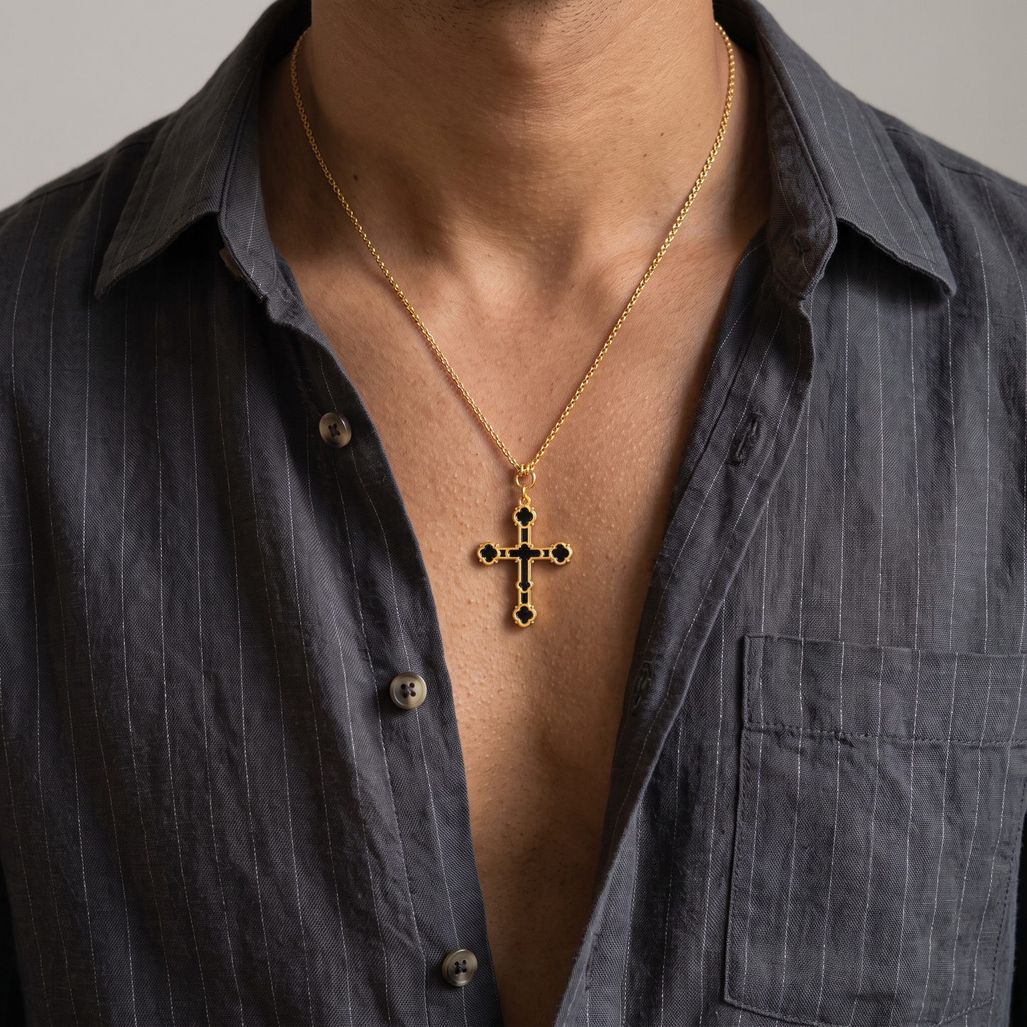 24K 999 Fine Gold Men Women Unisex Cross Charm Black Enamel