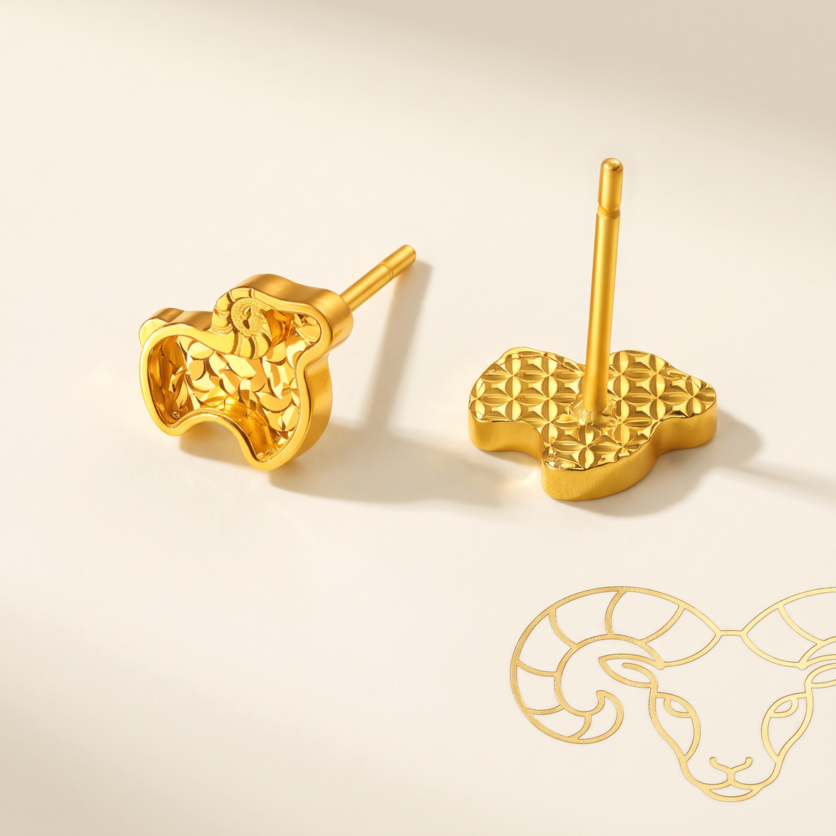 Genuine 24K Gold Sheep Goat Zodiac Stud Earrings