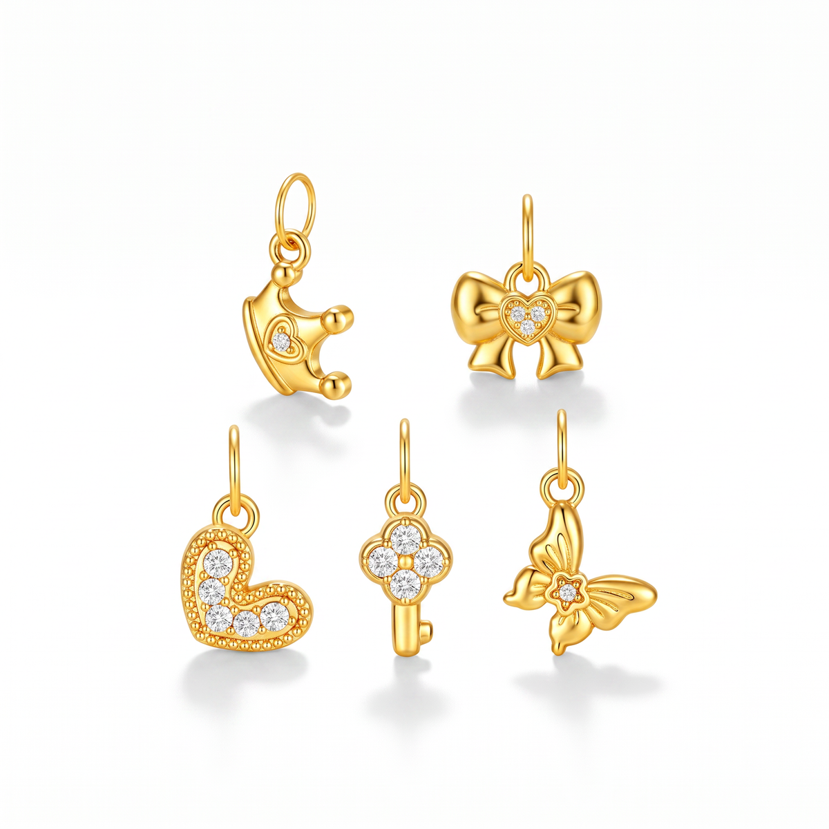 24k 999 Gold Diamond Crown Heart Key Butterfly Charm