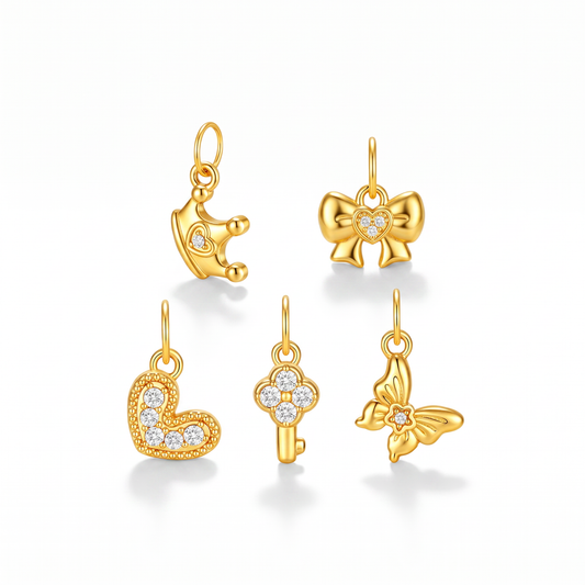 24k 999 Gold Diamond Crown Heart Key Butterfly Charm