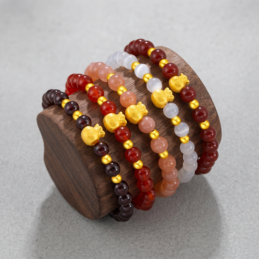 24K 999 Gold Lucky Blessing Bag Charm Sunstone Agate Garnet Beads Bracelet