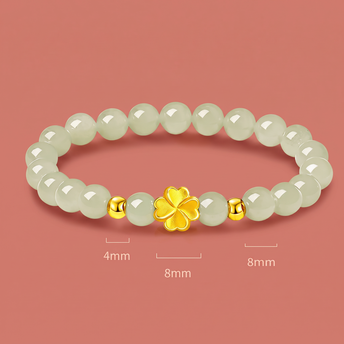 24K 999 Fine Gold Four-Leaf Clover Charm Ice Jade Beaded Bracelet Unique Gift