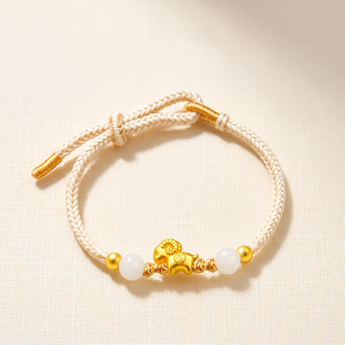 24k 999 Gold Zodiac Sheep Goat Charm Woven Adjustable Bracelet