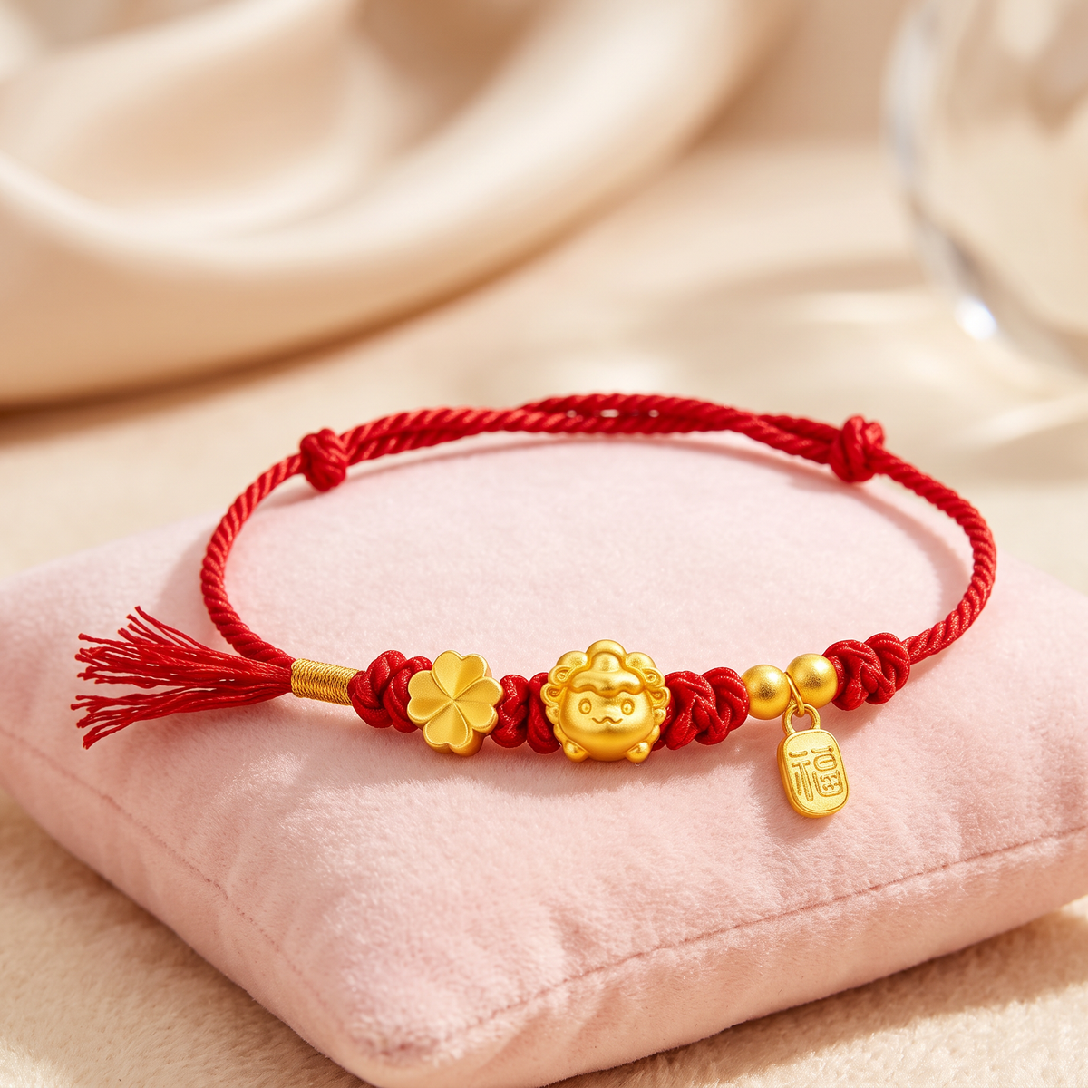 24k 999 Gold Zodiac Sheep Goat Charm Clover Blessing Charm Woven Adjustable Bracelet