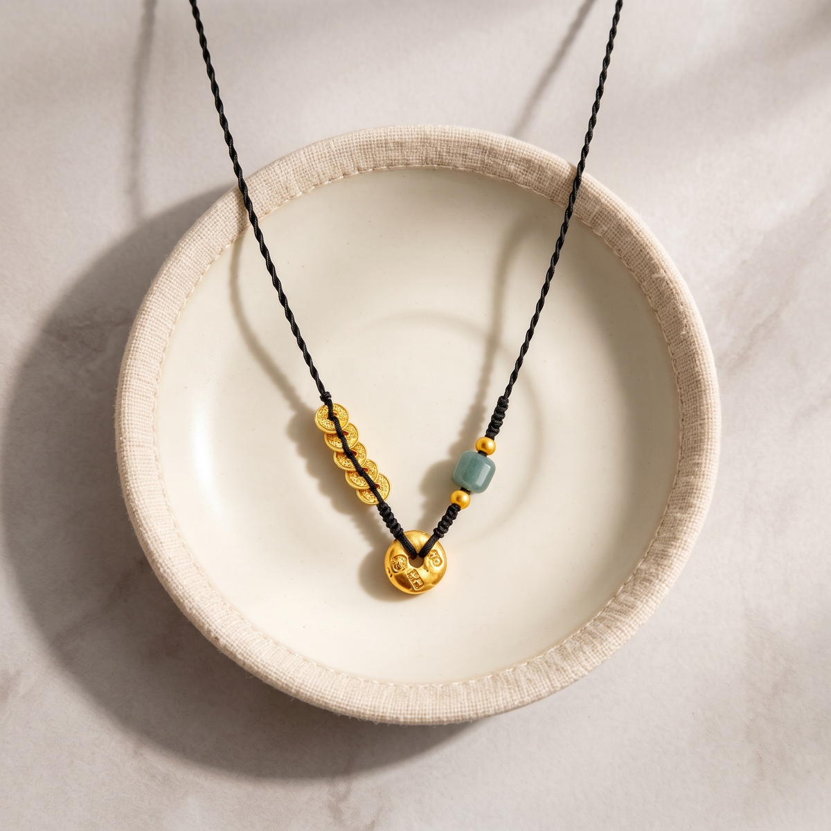 24k 999 Gold Five Emperor Coins Auspicious Gold Ingot Buckle Cord Necklace