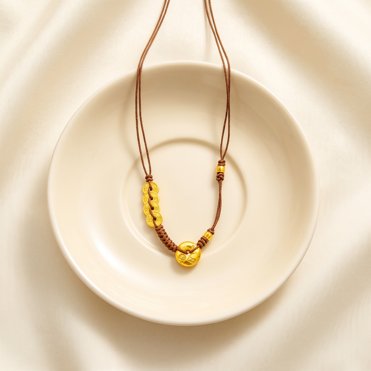 24k 999 Gold Five Emperor Coins Auspicious Gold Ingot Buckle Cord Necklace