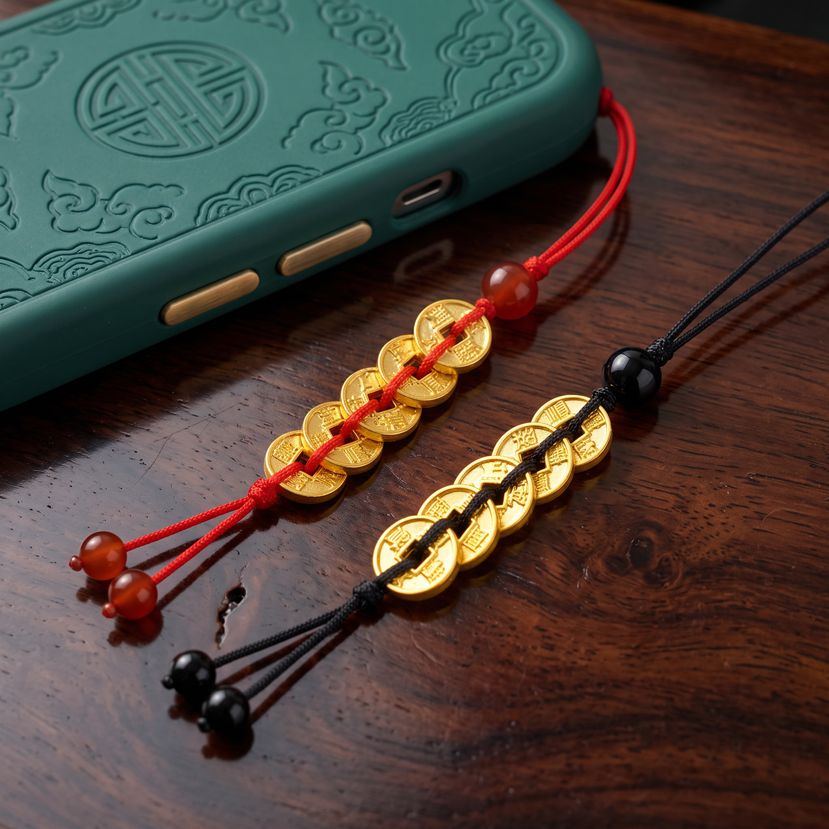 24K 999 Fine Gold Five Emperors' Coins Phone Charm Keychain Strap Fortune Car Key Accessory Gift