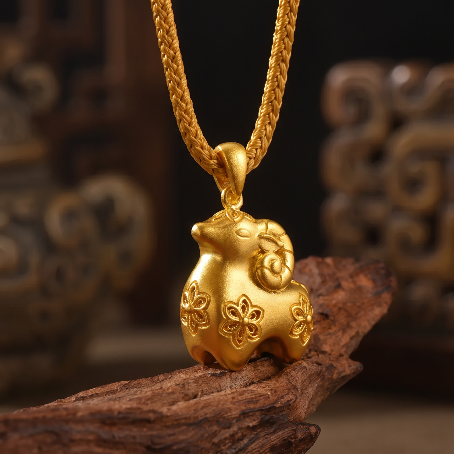 24K Gold Hollow Plum Blossom Year of Sheep Zodiac Pendant