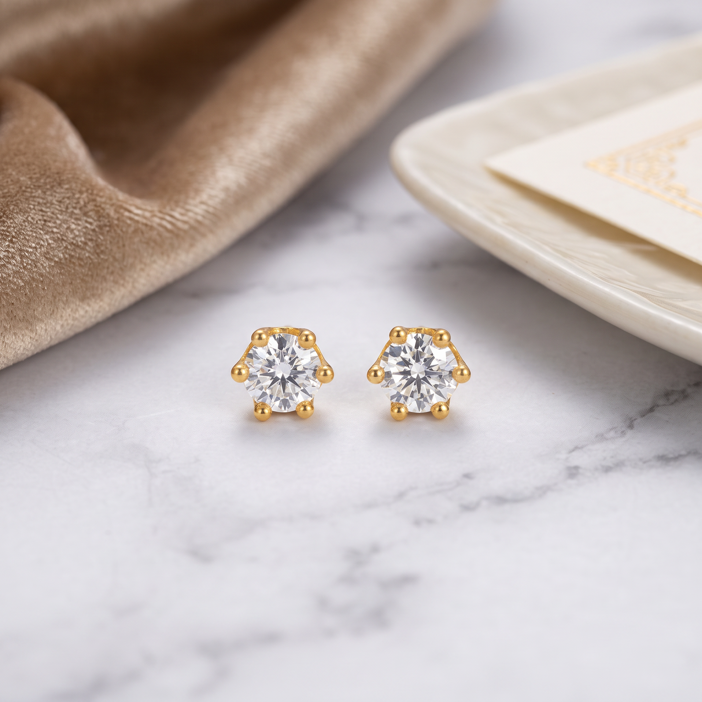 24K Fine Gold Minimal Classic Fine Moissanite Six-Prong Stud Earrings
