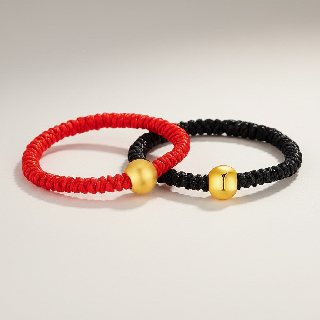 24K 999 Gold Minimal Minimalist Lucky Bead Braided String Couple Ring