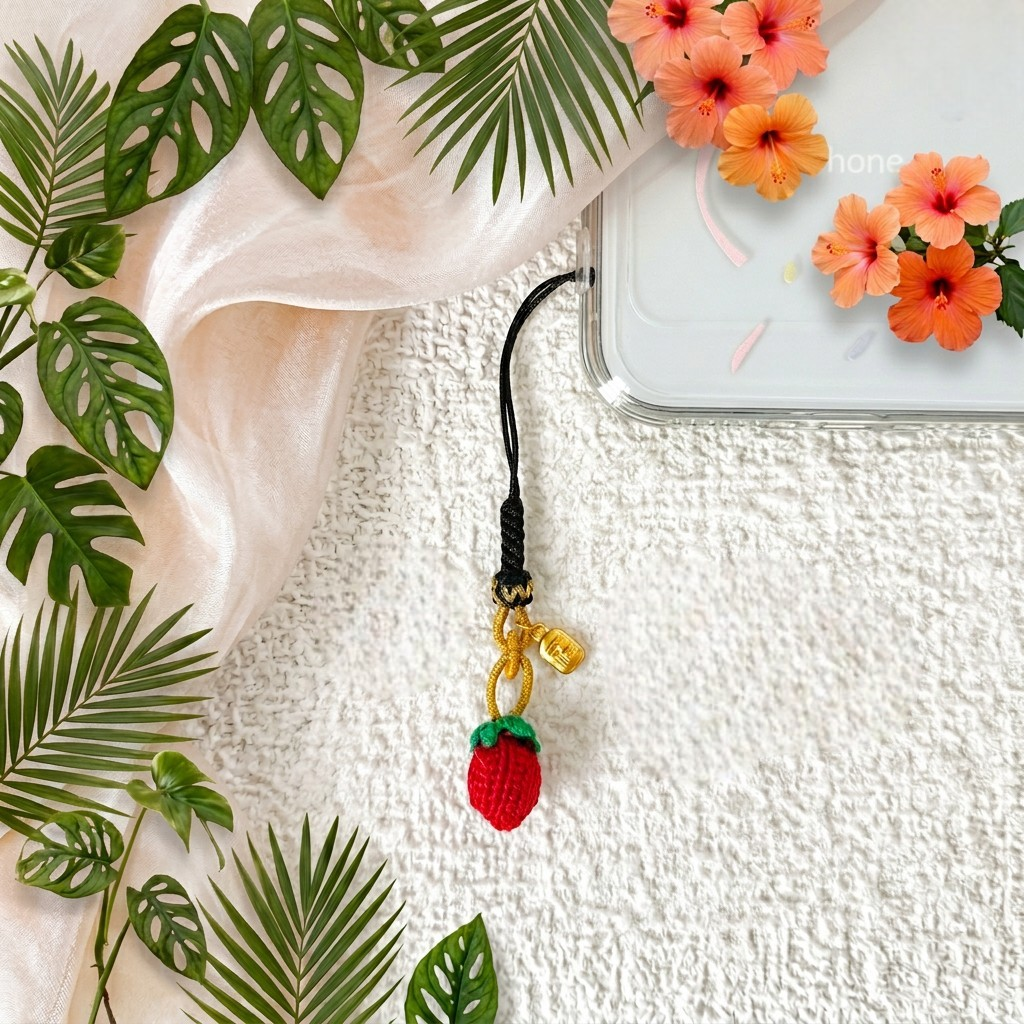 24K Gold Charm Braided Fruit Strawberry Charm Phone Strap Mobile Accessory