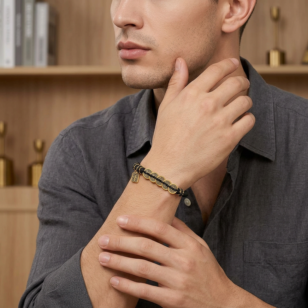 24k Gold Fortune Coin Adjustable Black Cord Bracelet