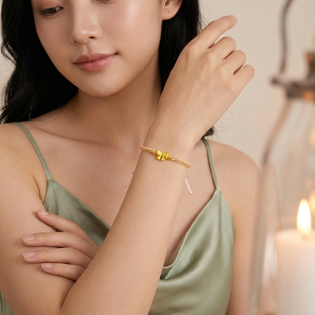 24K 999 5D Gold Bow Charm Weaving Adjustable Bracelet