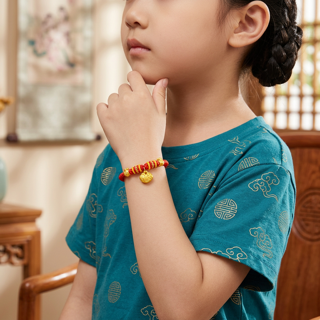 24K 999 Gold Lucky Bag Cloud Lock Blessing Charm Weaving Bracelet Kid Baby Gift Babyshower