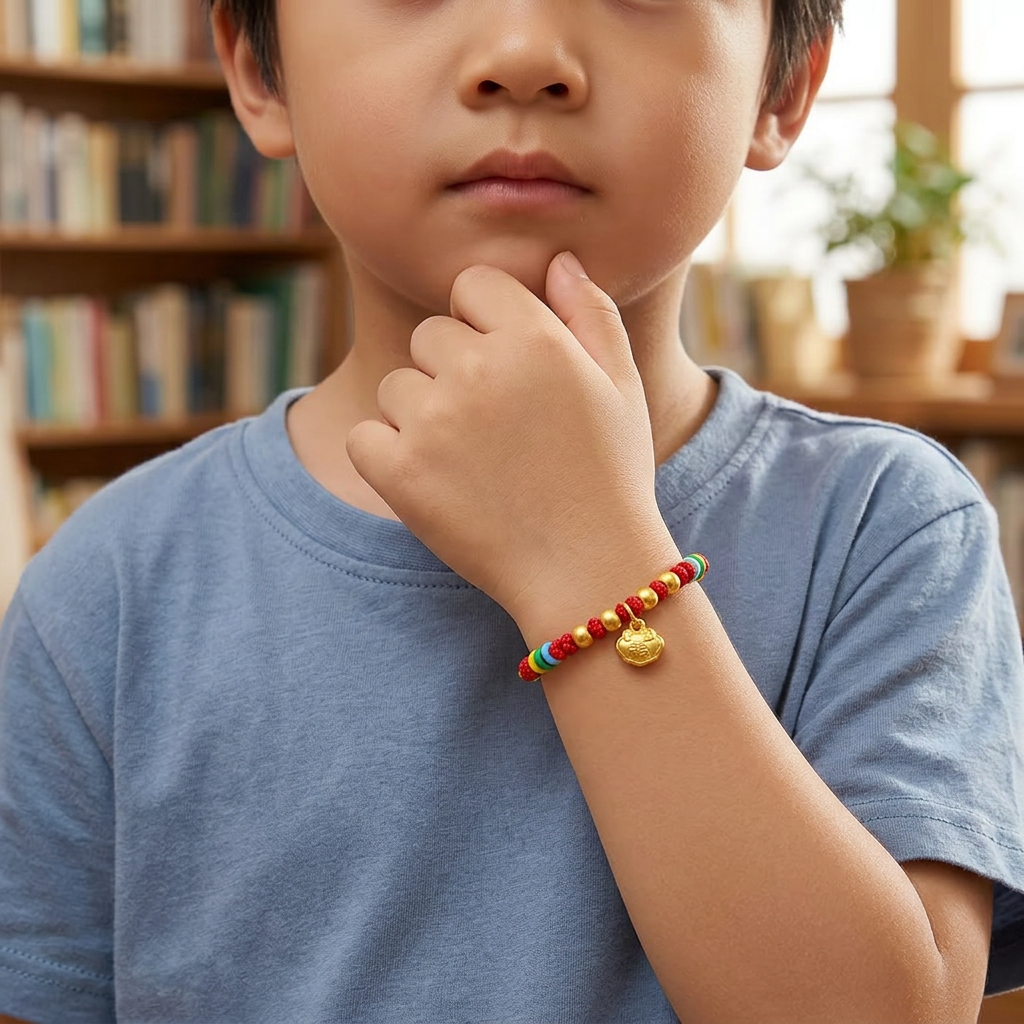24K 999 Gold Luck Chinese Blessing Safty Lock Charm Weaving Bracelet Kid Baby Gift