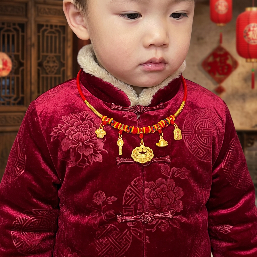 24K Gold Baby Longevity Lock Bell Pendant Weaving Necklace Full-Month & First Birthday Gift
