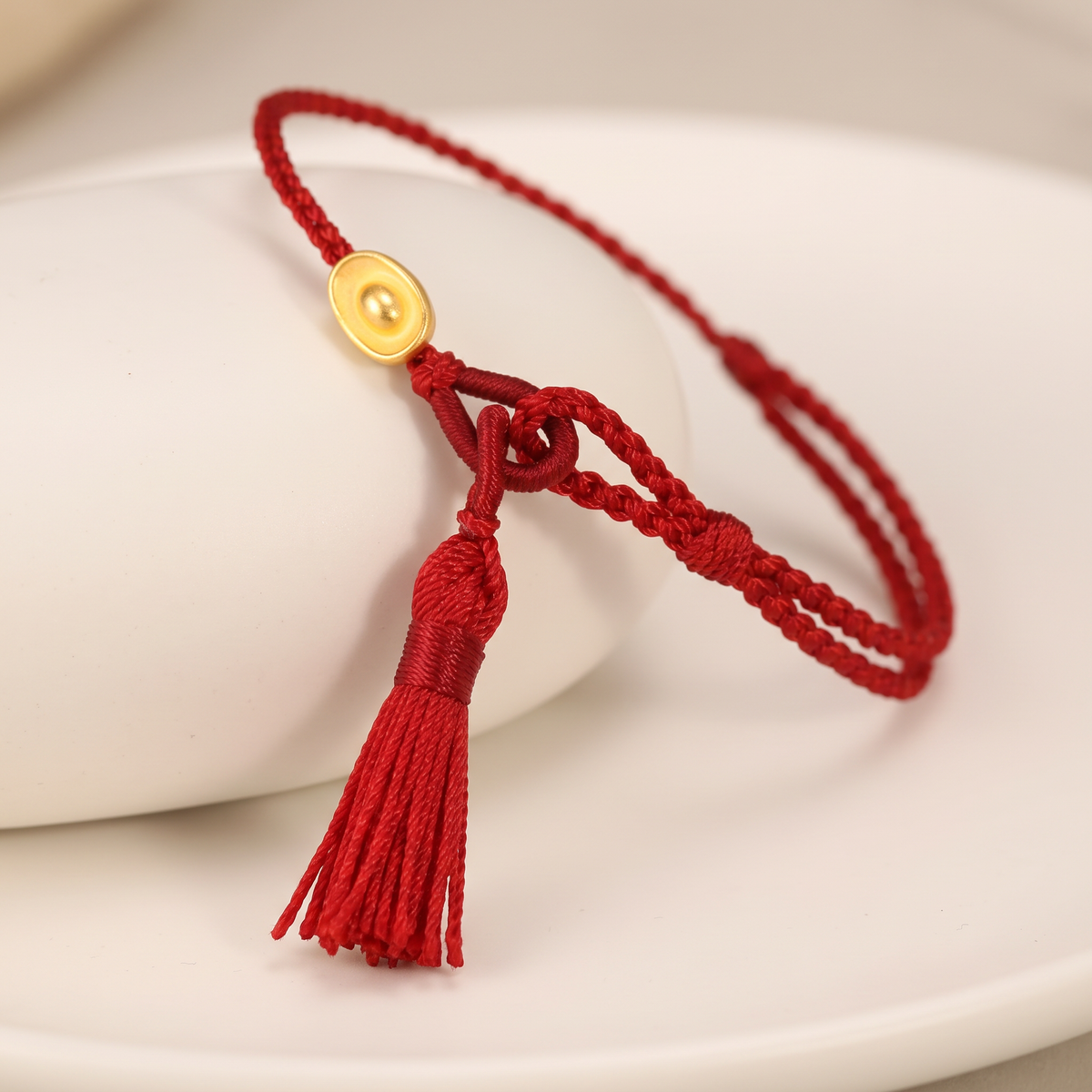 24K 999 Gold Ingot Charm String Woven Tassel Lucky Fortune Adjustable Bracelet