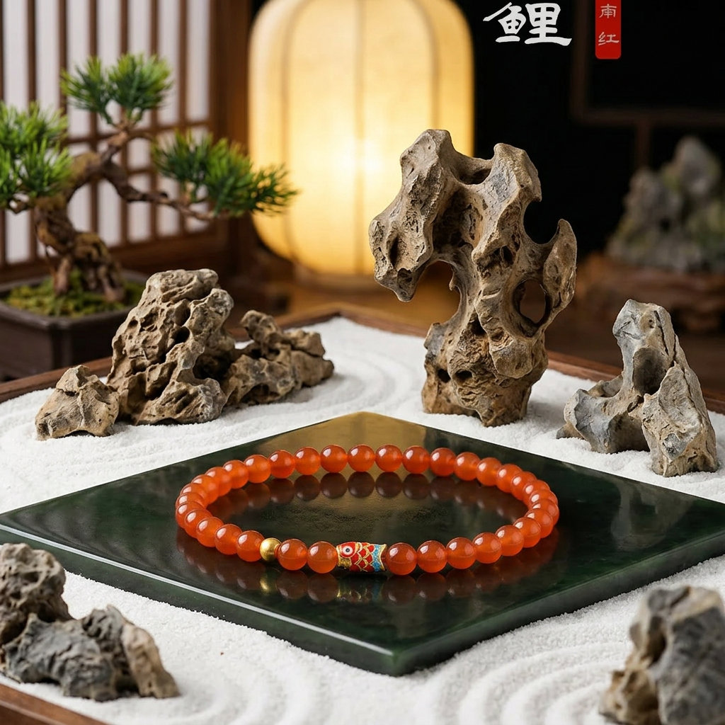 24k 999 Gold Carp Koi Fish Charm Beads Natural Agate Cherry Red Bracelet