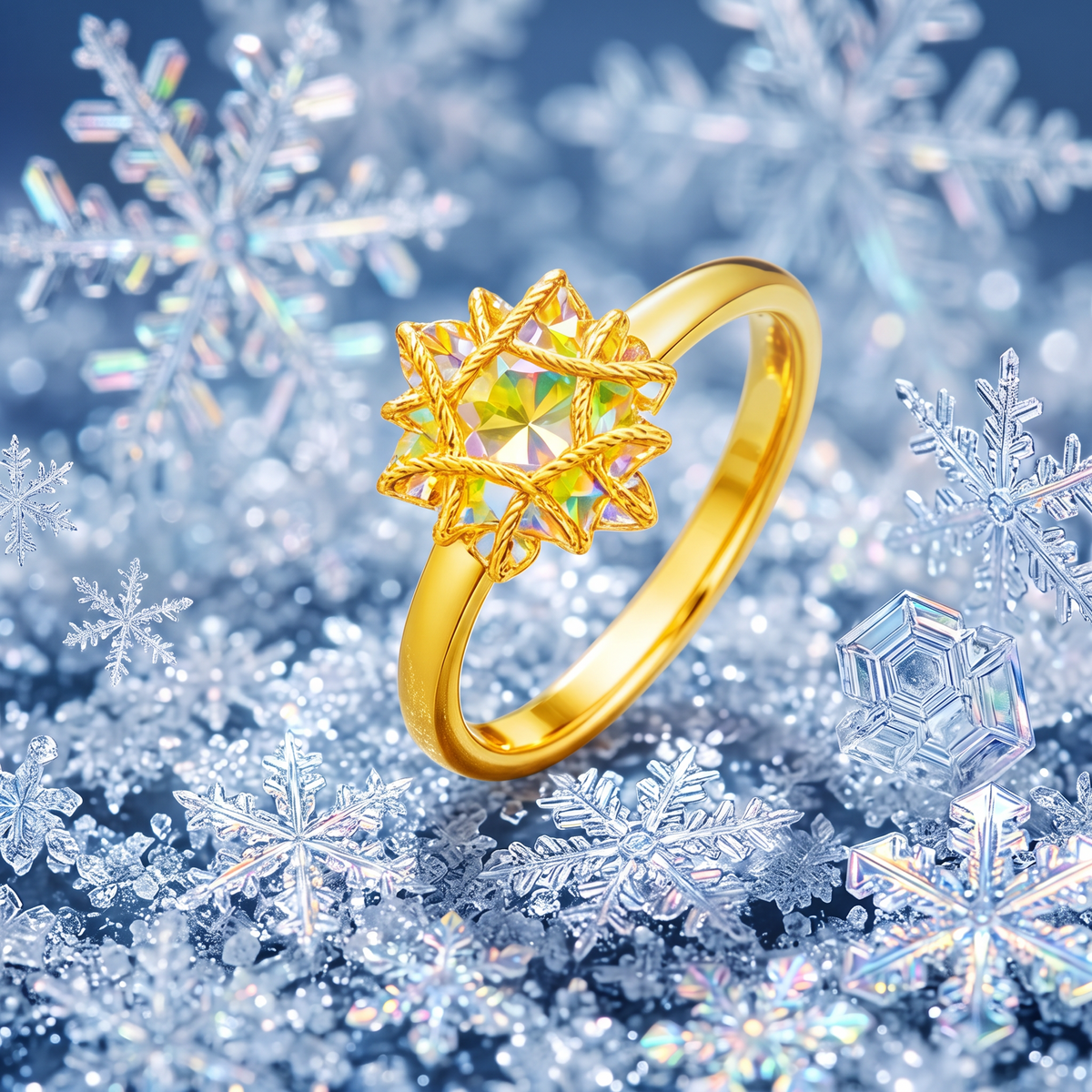 24k Fine Gold Snow Snowflake Star Glimmer Ring Necklace