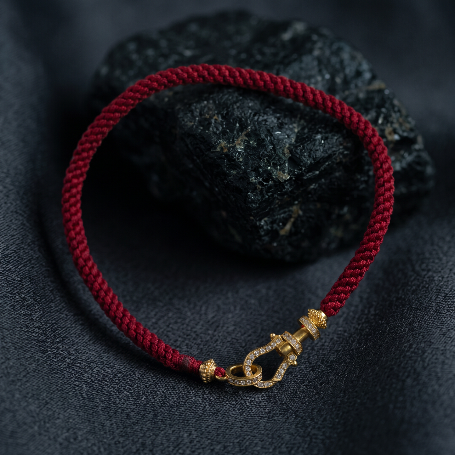 24K 999 Fine Gold Red Cord Bracelet with Moissanite Horseshoe Clasp