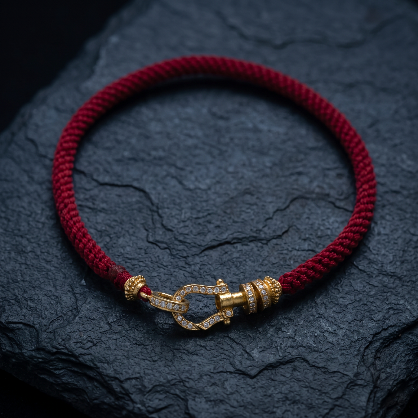 24K 999 Fine Gold Red Cord Bracelet with Moissanite Horseshoe Clasp