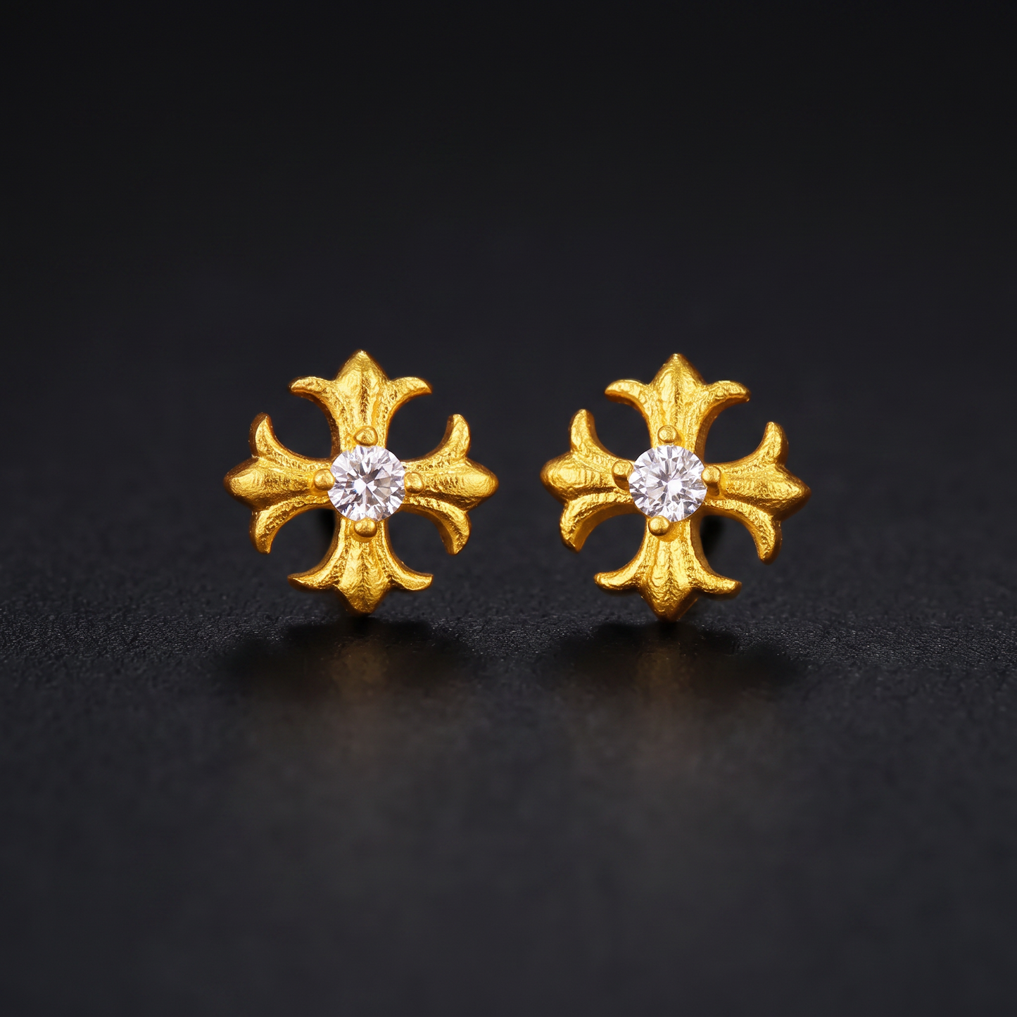 24K 999 Solid Gold Mini Iris Fleur-de-lis Moissanite Cross Stud Earrings