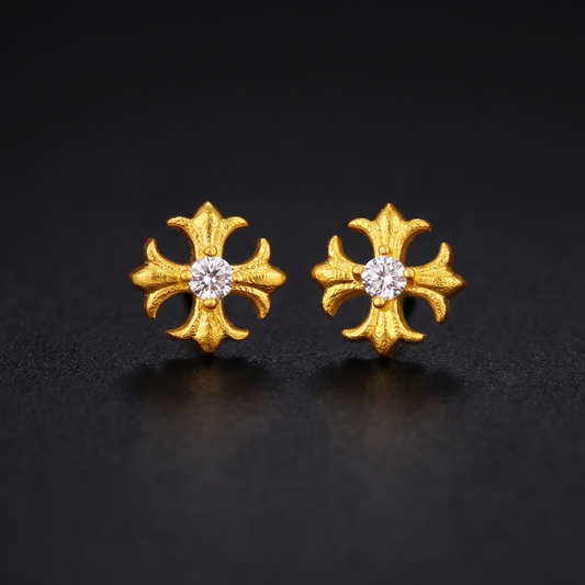24K 999 Solid Gold Mini Iris Fleur-de-lis Moissanite Cross Stud Earrings