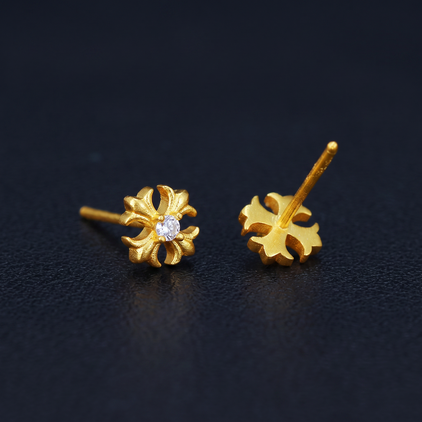 24K 999 Solid Gold Mini Iris Fleur-de-lis Moissanite Cross Stud Earrings